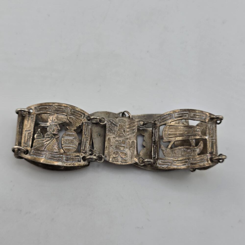 Vintage Sterling Peruvian Story Panel Link Bracelet Cultural Motif Design 15.5g
